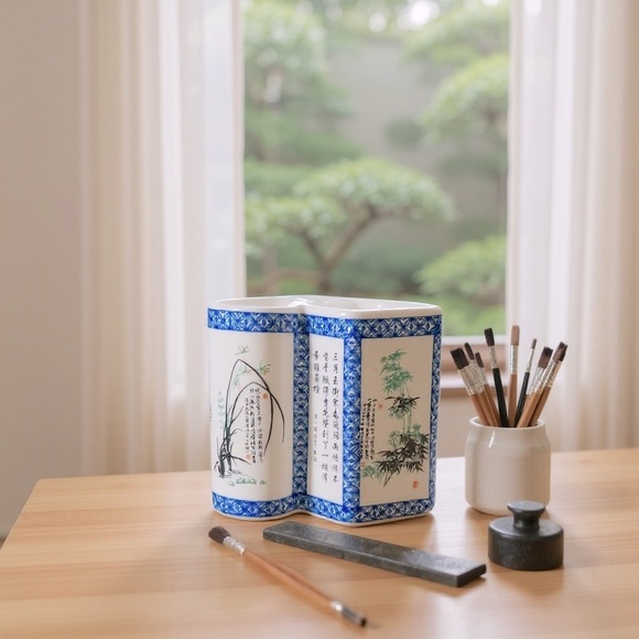 Antique Vintage Chinese Porcelain Brush Pot /Vase with Calligraphy Floral Design - Picture 3 of 13